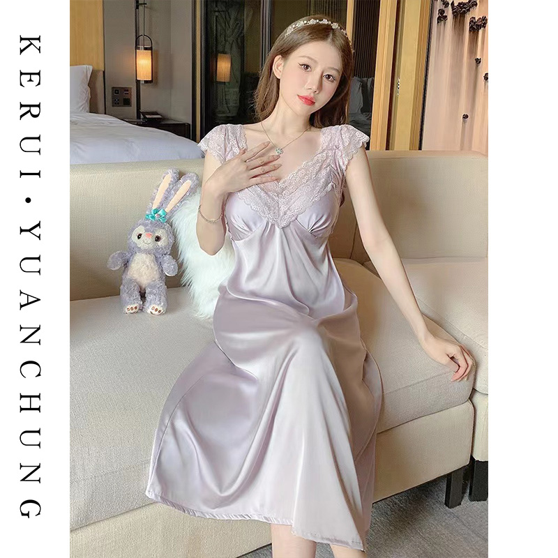 【迷雾紫】吊带印花睡裙女款秋季冰丝高端精致洋气家居服月光丝透气