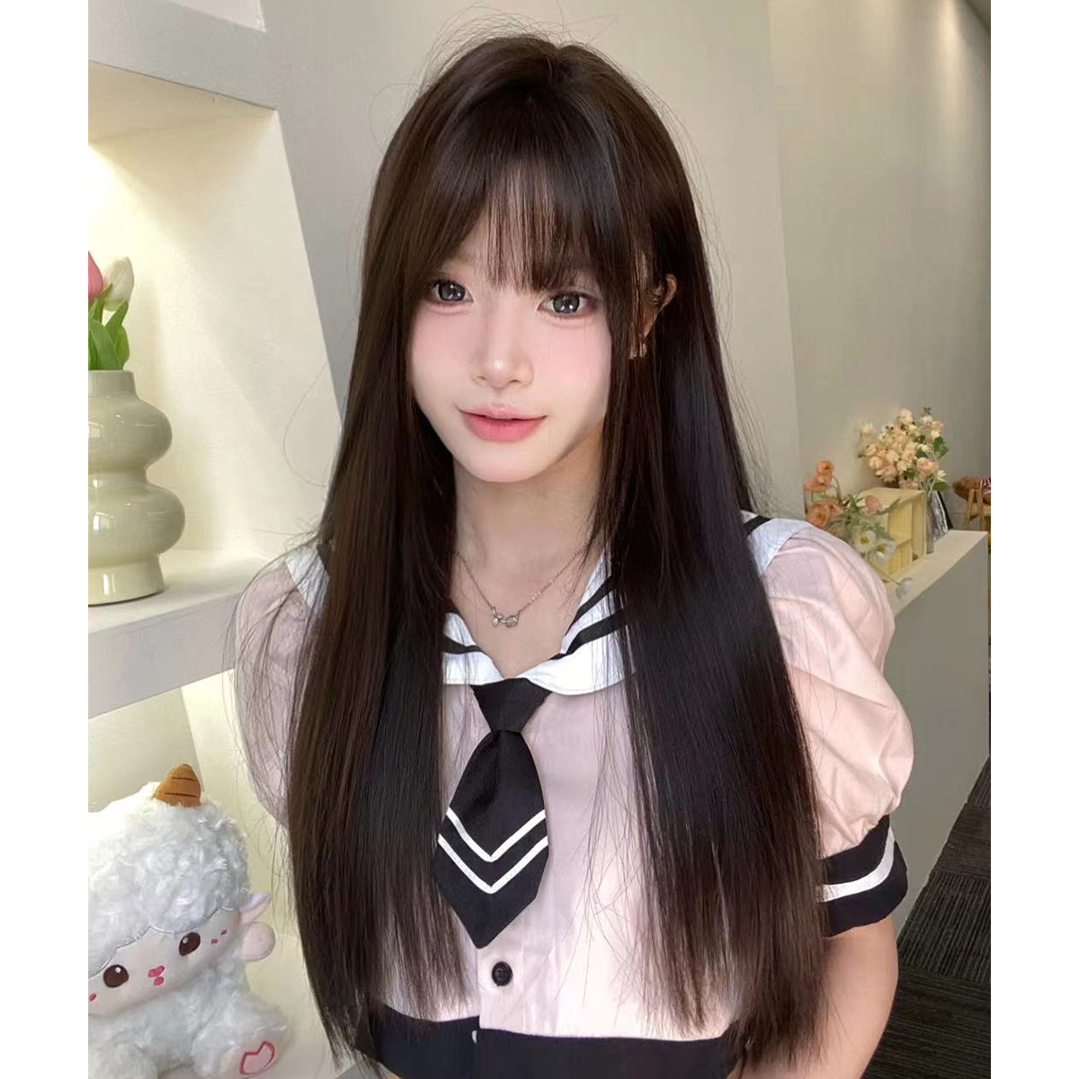 束朵假发女黑茶长直发网红日常Lolita齐刘海jk全头套
