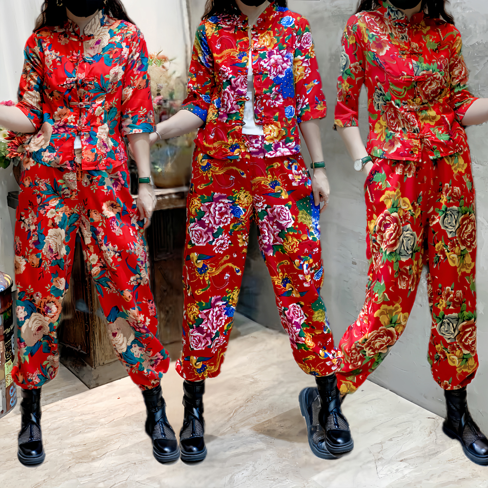 东北大花套装盘扣中袖广场舞打鼓秧歌二人转网红演出两件套民族风