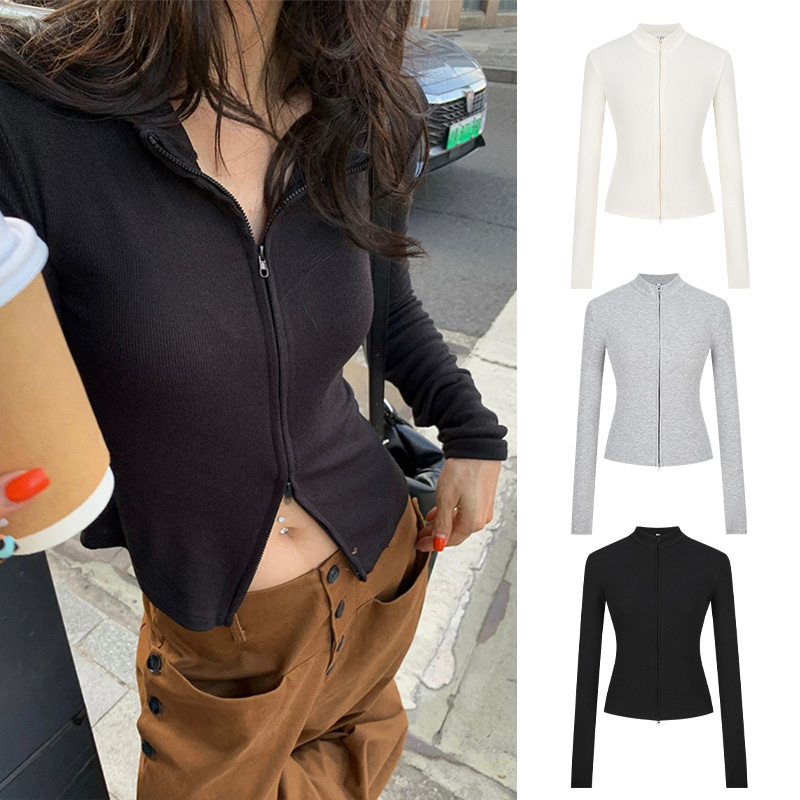 Moses Queen/魔西女王美式双拉链外套抗条上衣女立领修身掐腰开衫