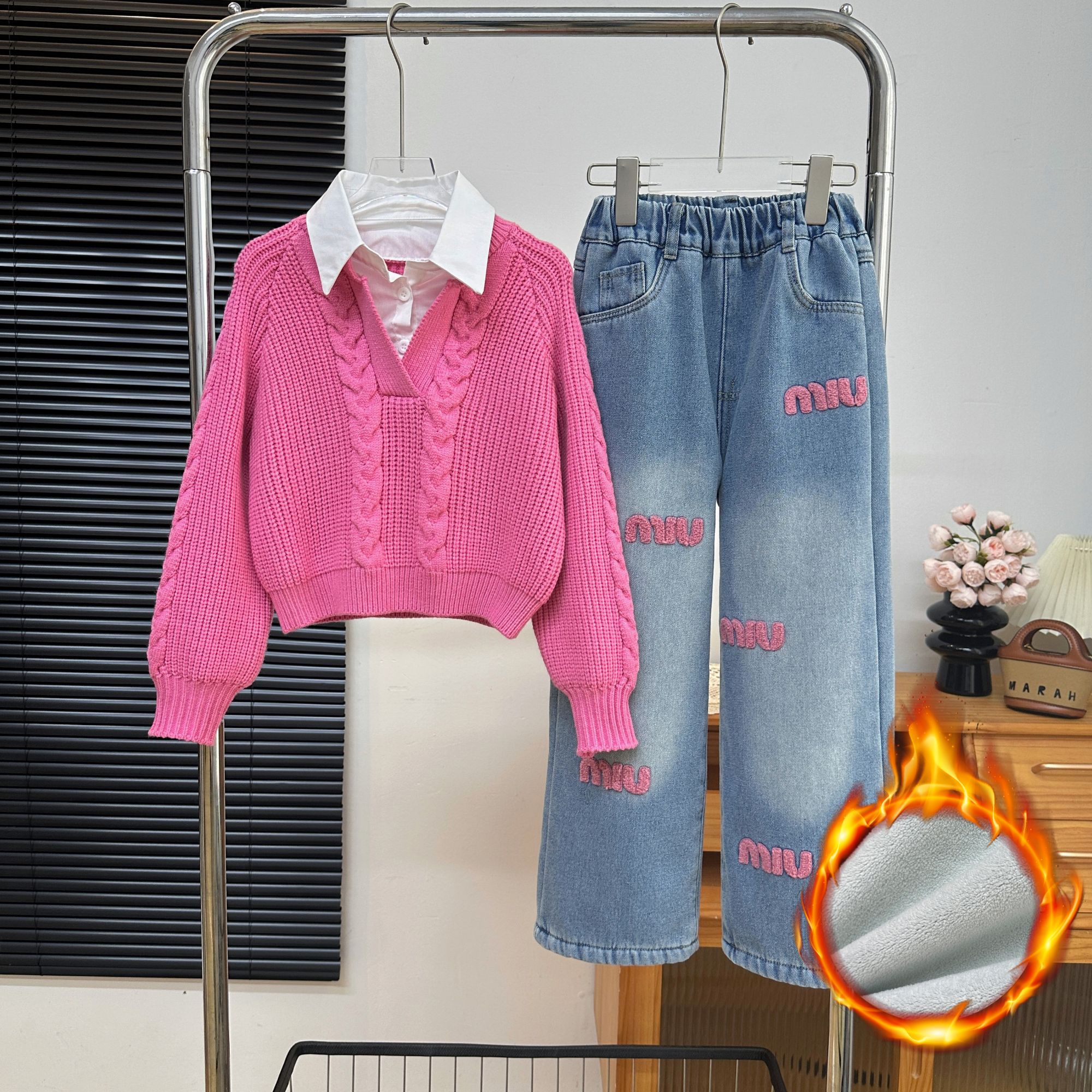女童套装2025春秋新款中大童3-12岁15岁针织毛衣牛仔阔腿裤两件套