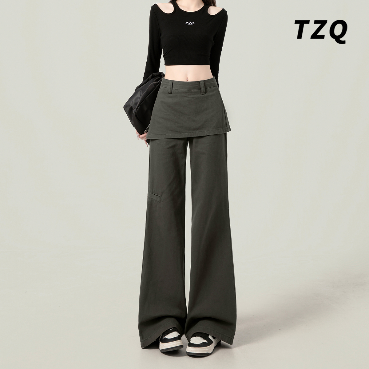 复古设计感假两件遮胯微辣裤群女2025新款爆款宽松显瘦小众长裤子