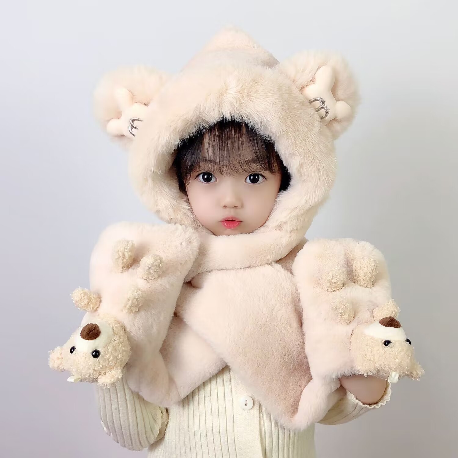 儿童帽子围巾手套一体冬季女童加绒加厚保暖防风毛绒帽宝宝冬天帽