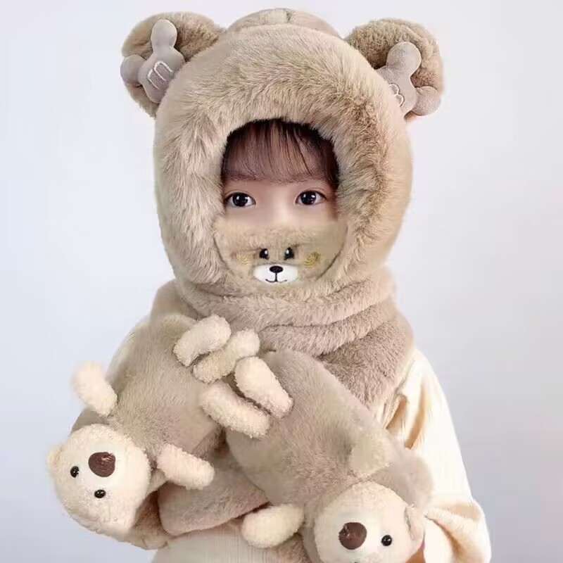 儿童帽子围巾手套三件套冬季加绒加厚女童一体帽男毛绒保暖防风帽