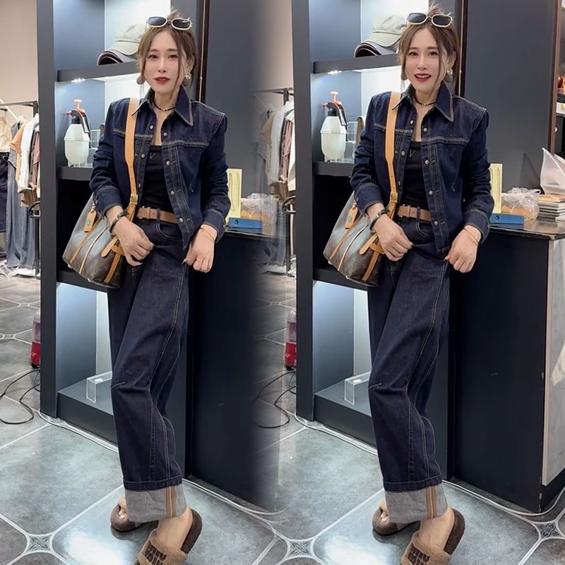 2025洋气牛仔套装女春季时尚宽松大码韩版气质翻领显瘦网红两件套