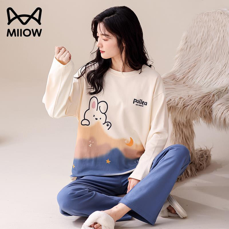 猫人睡衣女春秋新款纯棉带胸垫一体全棉大码休闲卡通可外穿家居服