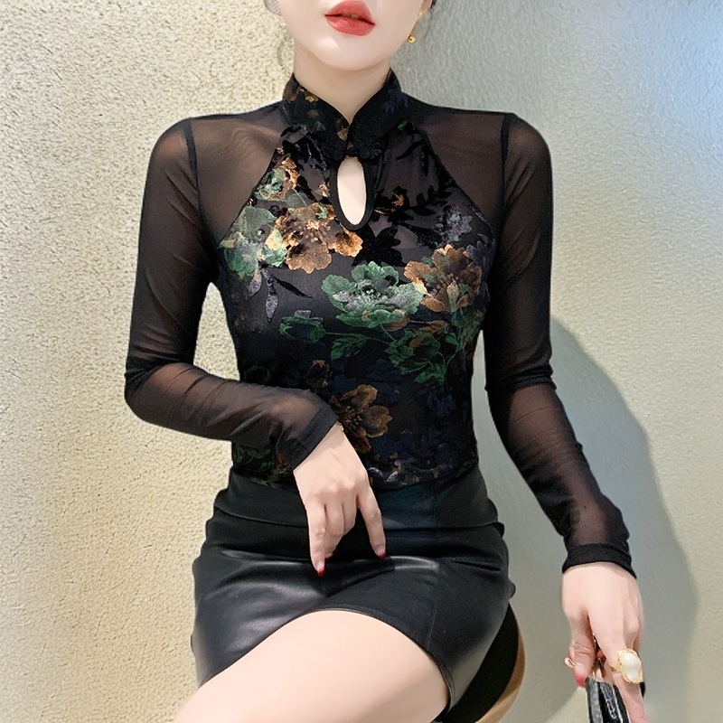 秋冬新款复古风女装2025爆款洋气盘扣上衣长袖网纱打底衫内搭上衣