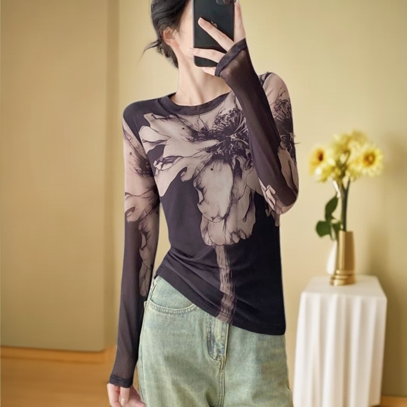 高端潮牌网纱蕾丝衫女早秋长袖修身显瘦上衣高级感内搭纱衣可外穿