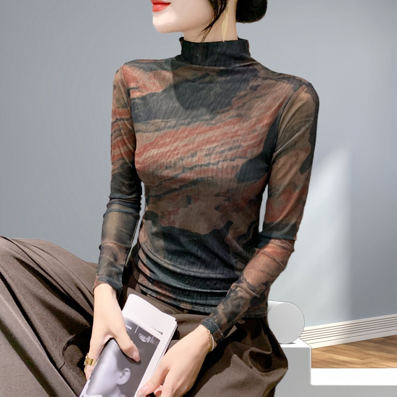 时尚百搭服装气质长袖正版网纱打底衫女爆款2025新款独特漂亮小衫