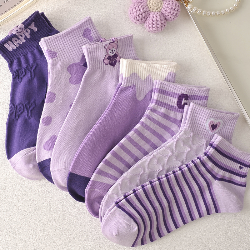 【拍一发七】紫色ins潮女孩透气可爱袜立体小熊日系薄款短筒船袜