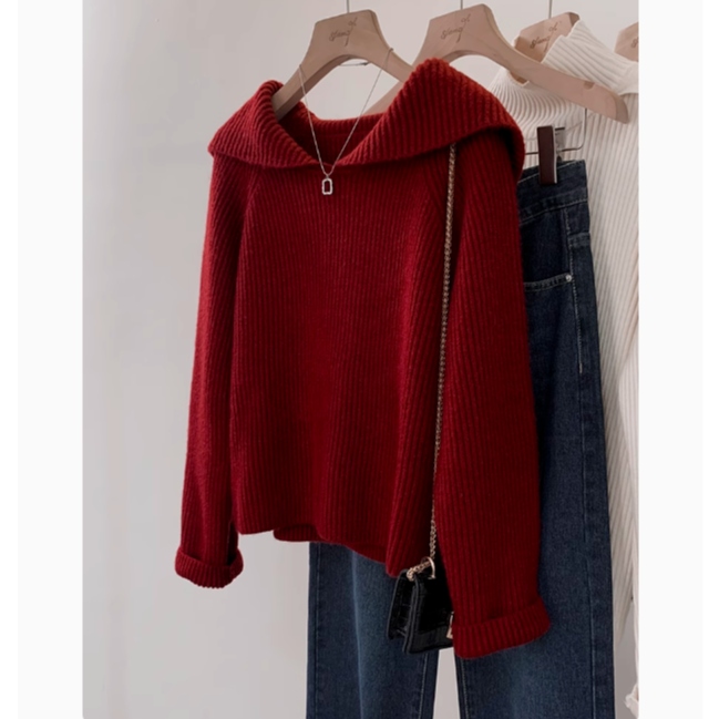 酒红色海军领短款毛衣女秋冬季2025新款爆款慵懒风宽松针织衫上衣