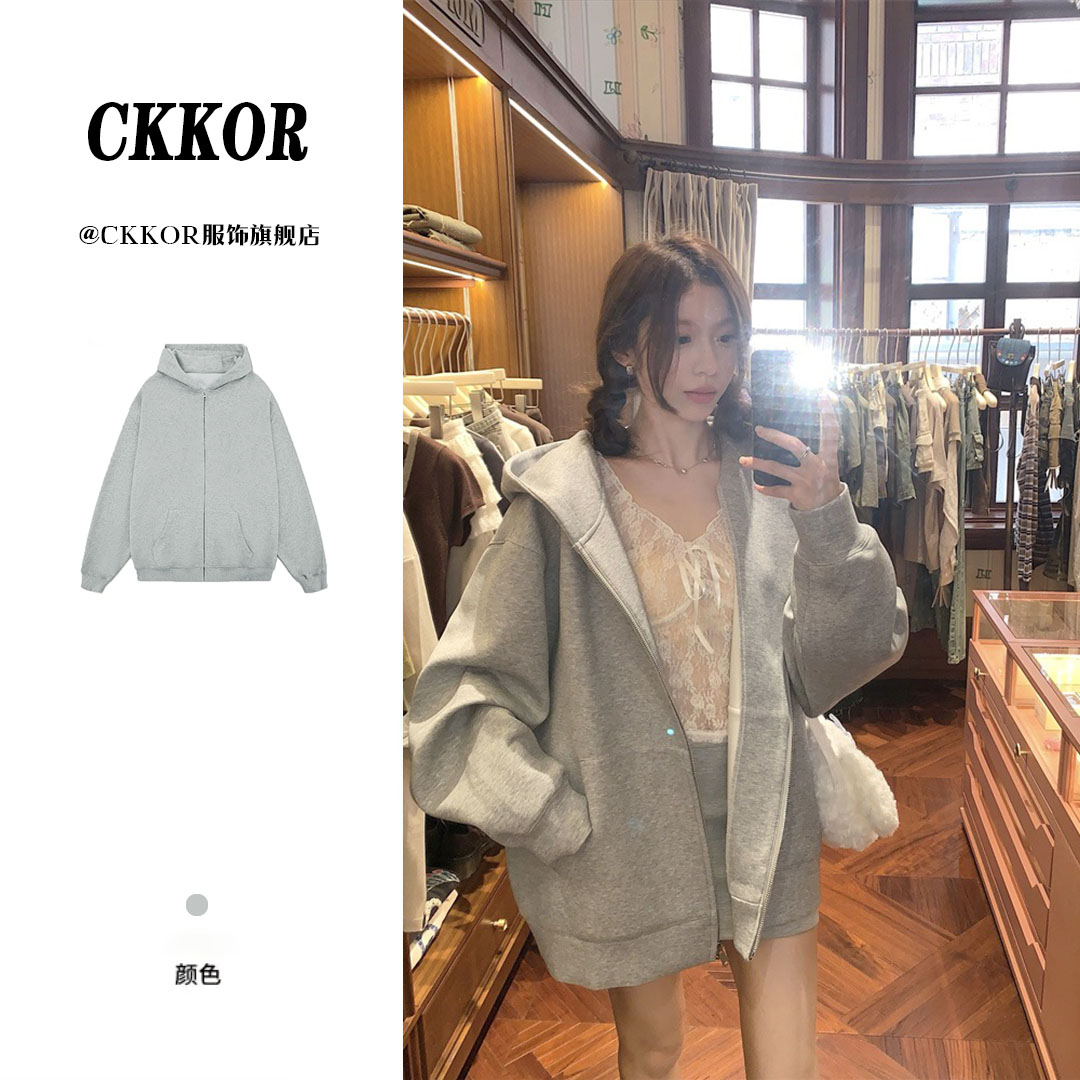 CKKOR美式复古纯色拉链卫衣女春秋季时尚设计感ins潮牌慵懒风上衣