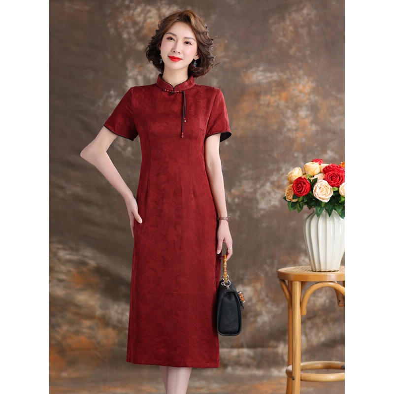 齐黛花罗香云纱连衣裙女新款高端改良旗袍气质红色婚宴桑蚕丝真丝