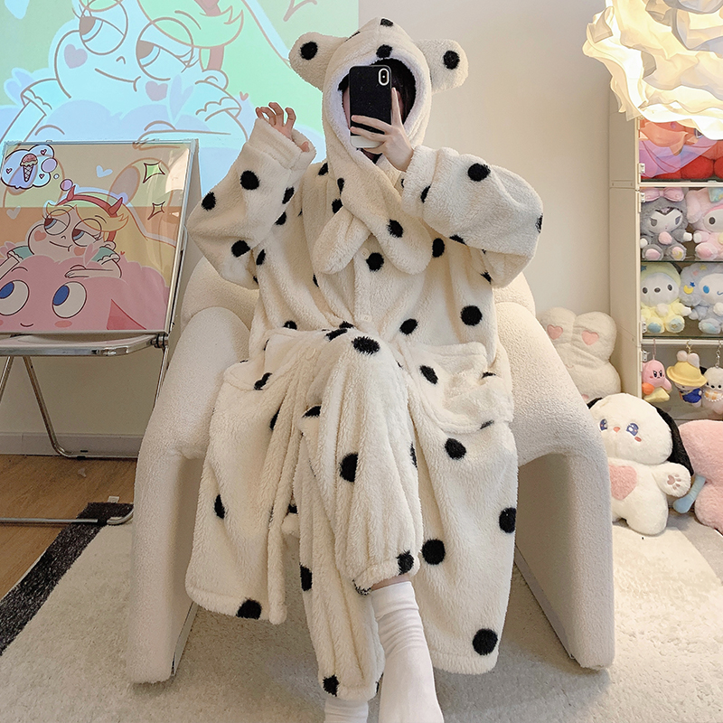 圆点印花宽松加绒加厚睡衣女套装冬季毛绒家居服甜美连帽大码睡袍