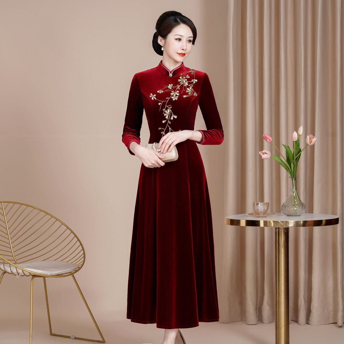 高贵新款秋装改良复古丝绒旗袍结婚敬酒喜妈妈装气质时尚大摆旗袍