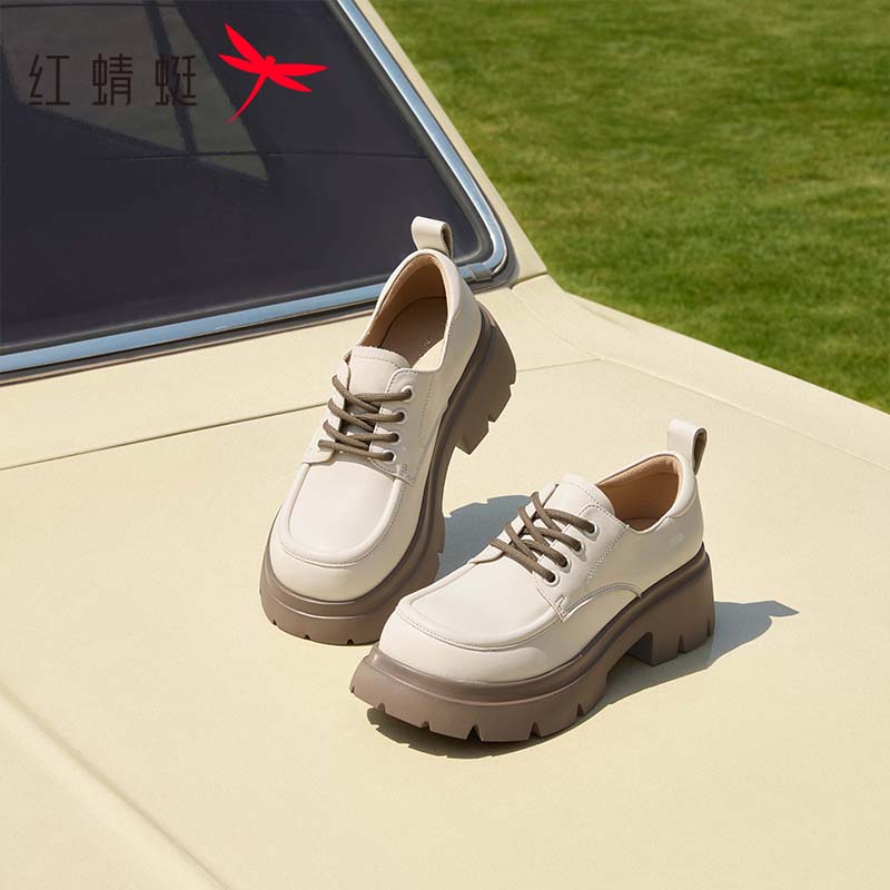 红蜻蜓厚底小皮鞋女真皮新款女鞋子粗跟单鞋英伦风系带乐福鞋