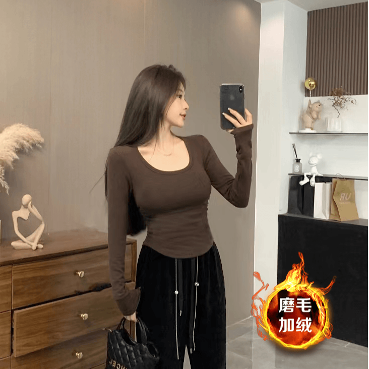 纯色显瘦秋冬新款U领磨毛内搭长袖T恤百搭辣妹加绒打底衫上衣