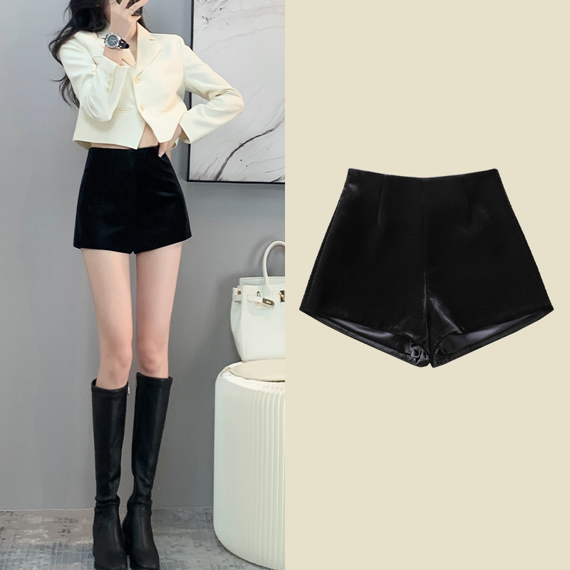 黑色丝绒短裤女早春外穿靴裤百搭时尚高腰显瘦休闲A字阔腿裤辣妹