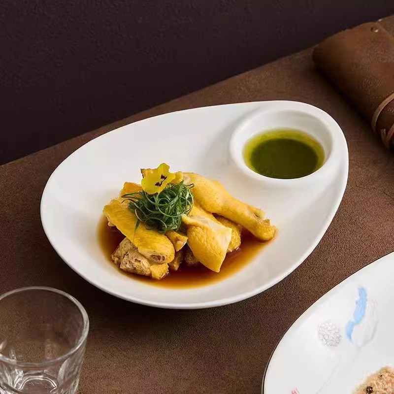 吃饺子盘子带醋碟网红高档饭店餐具陶瓷碟专用寿司凉菜水饺盘虾盘
