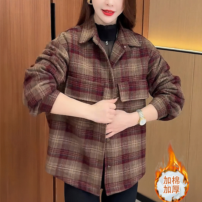 时尚格纹外套女2025秋冬新款洋气减龄小个子气质百搭加绒上衣