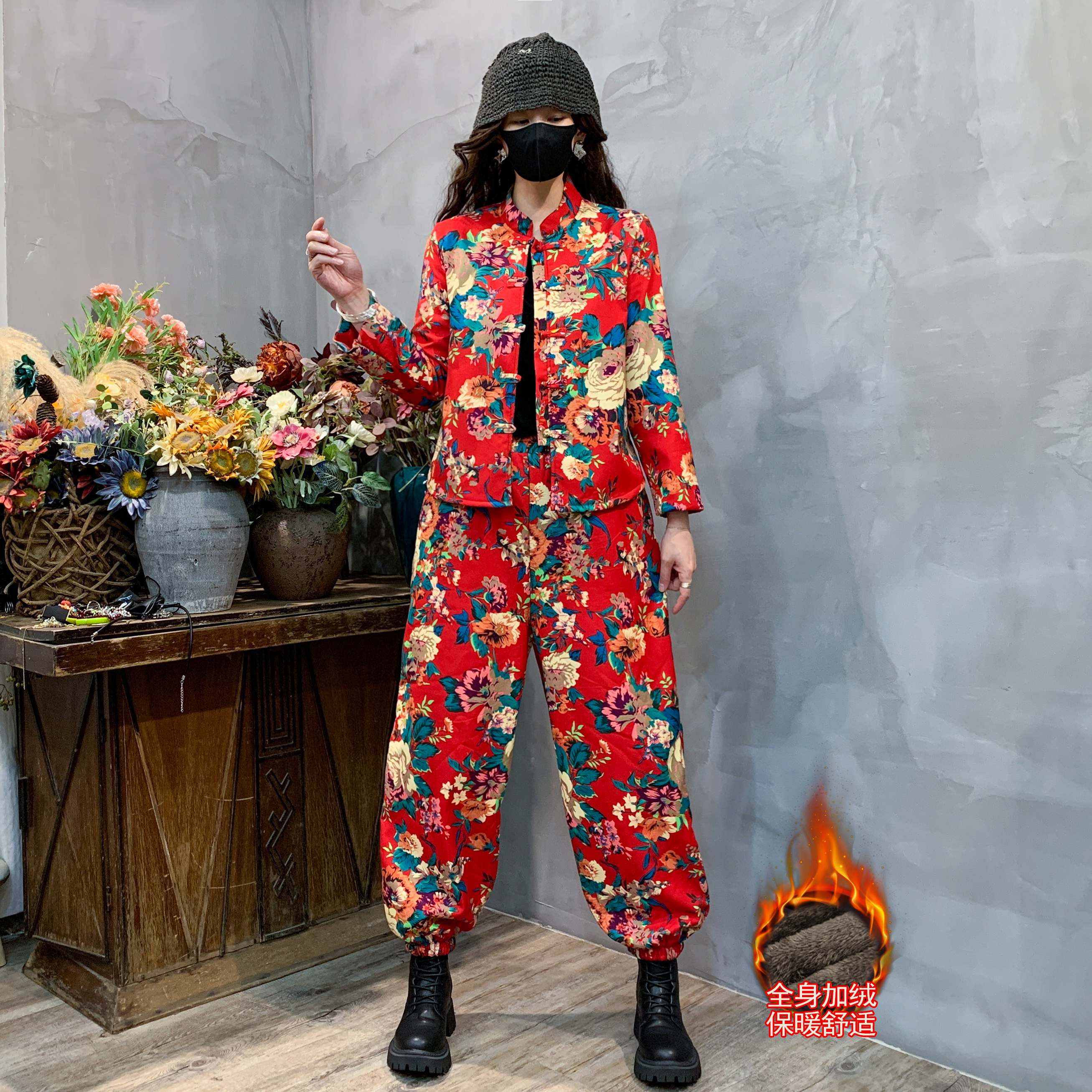 新款爆款复古东北大花棉盘扣加绒民族风中式冬季唐装套装