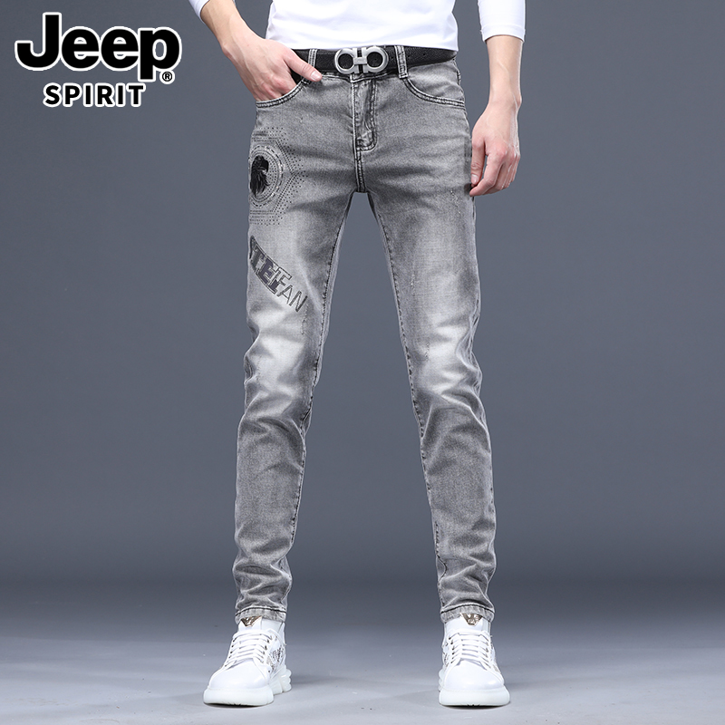 JEEPSPIRIT秋冬季新款百搭弹力男牛仔裤修身烫钻印花潮牌休闲裤子