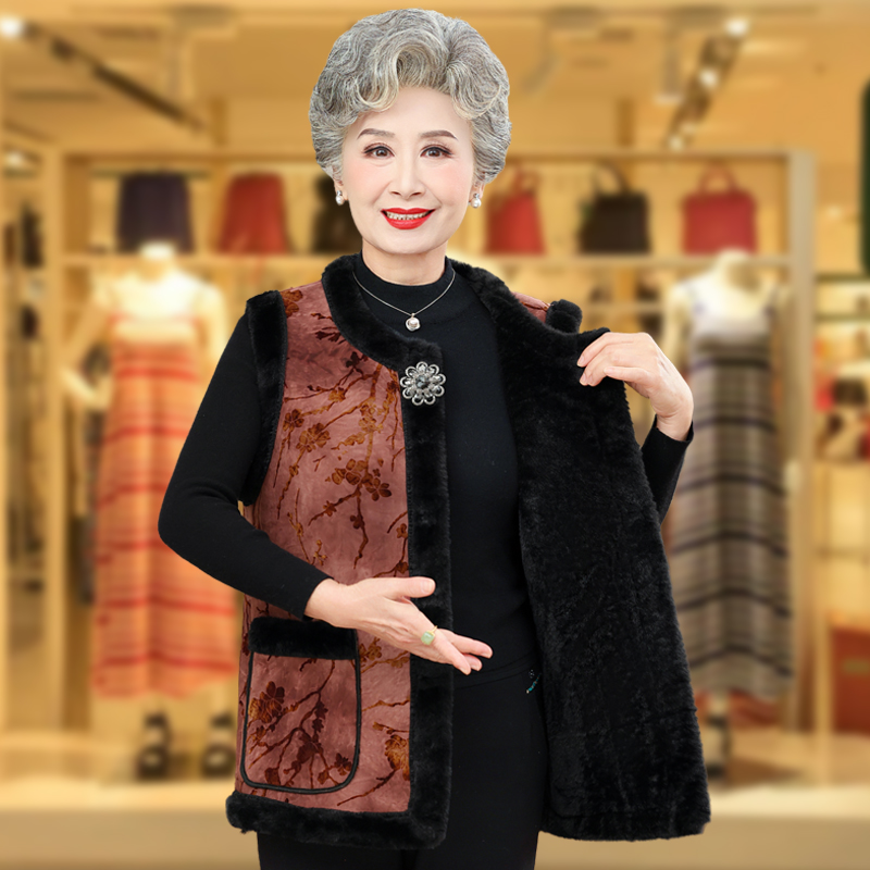 奶奶秋冬加绒马甲老太太唐装背心中老年女妈妈装加厚保暖坎肩外套