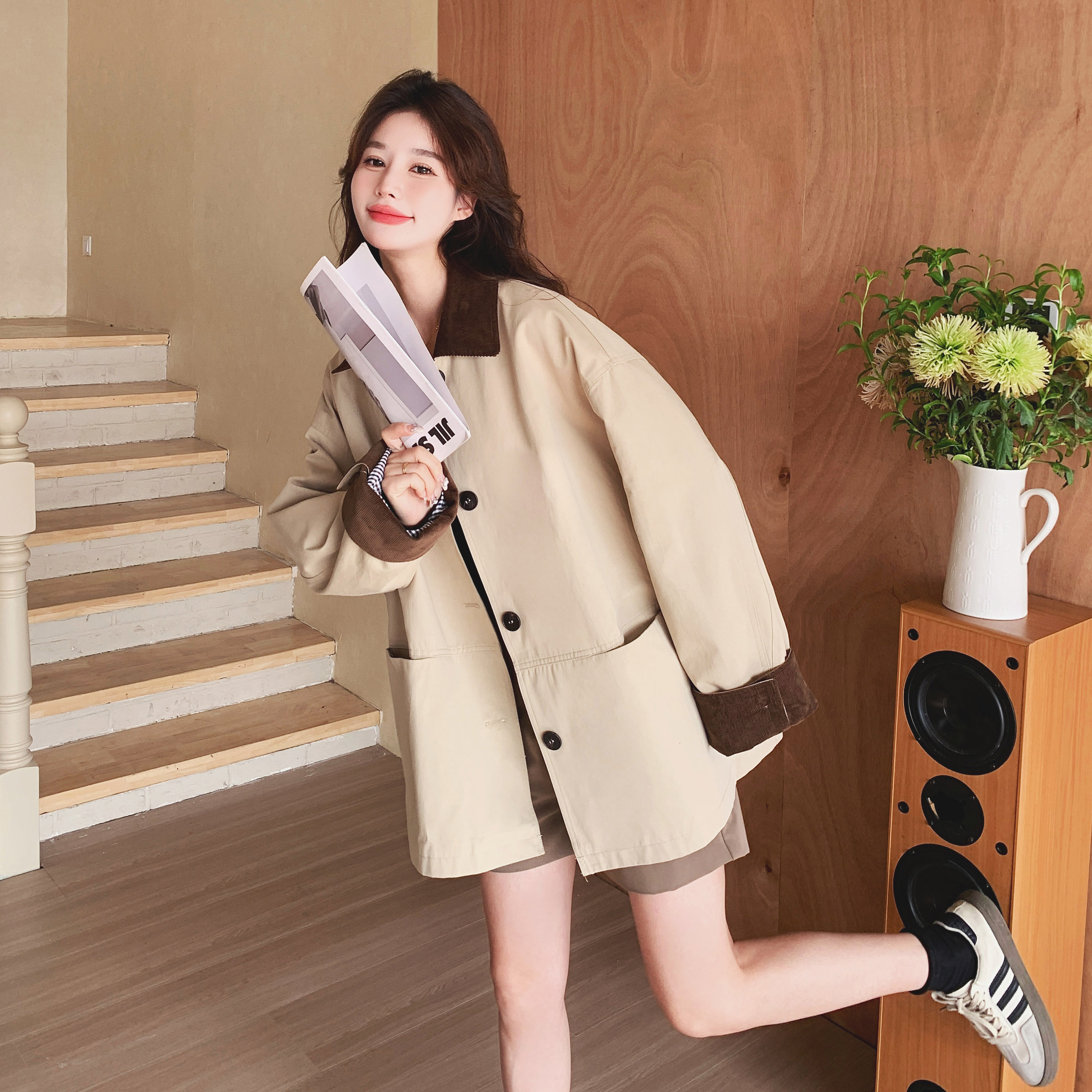 韩系小个子短款风衣外套女2025早秋新款撞色学院风设计感减龄大衣