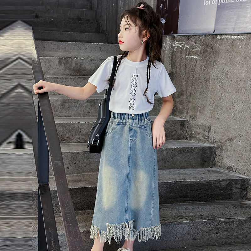 夏装女童流苏牛仔裙2024夏季6新款时髦12-15岁女大童半身裙子长裙