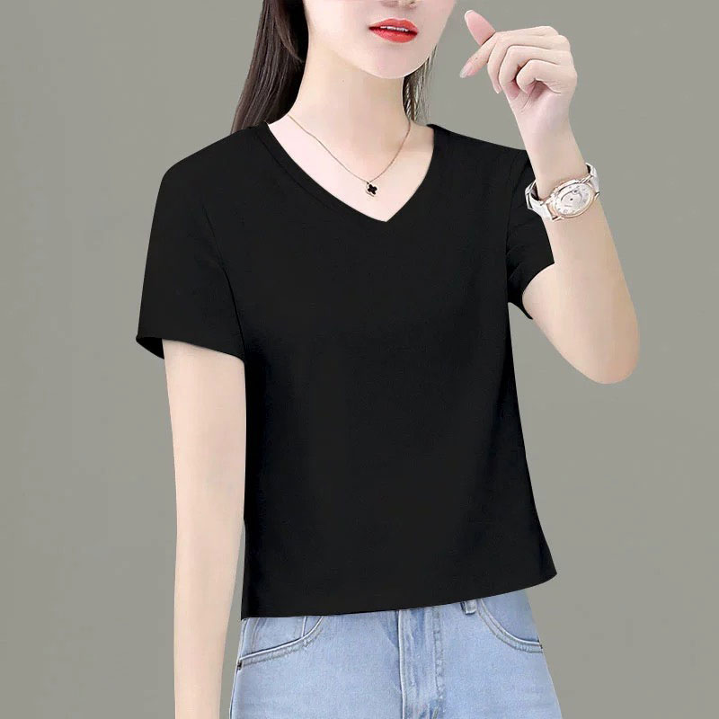 黑色短袖t恤女小个子2025年新款夏季宽松显瘦V领短款鸡心领上衣