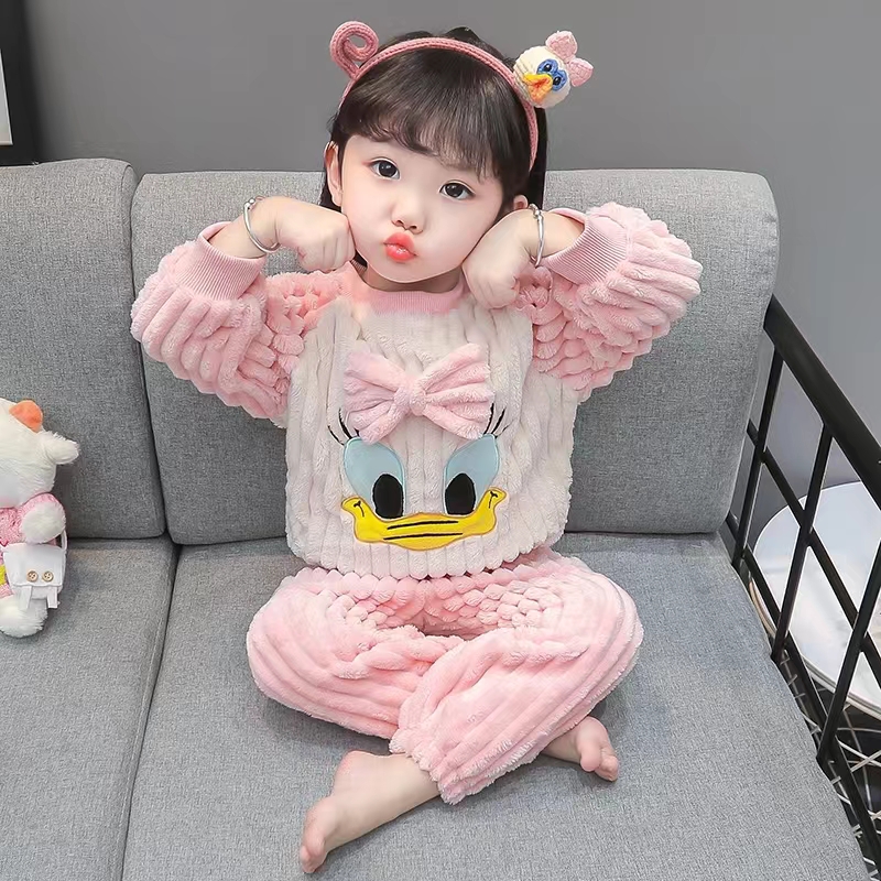 儿童睡衣秋冬季加厚女童法兰绒卡通可爱女孩宝宝珊瑚绒家居服套装