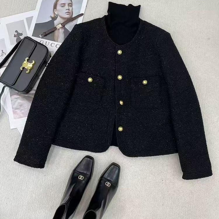 2024秋冬季黑色轻奢名媛气质加厚毛呢小香风外套女