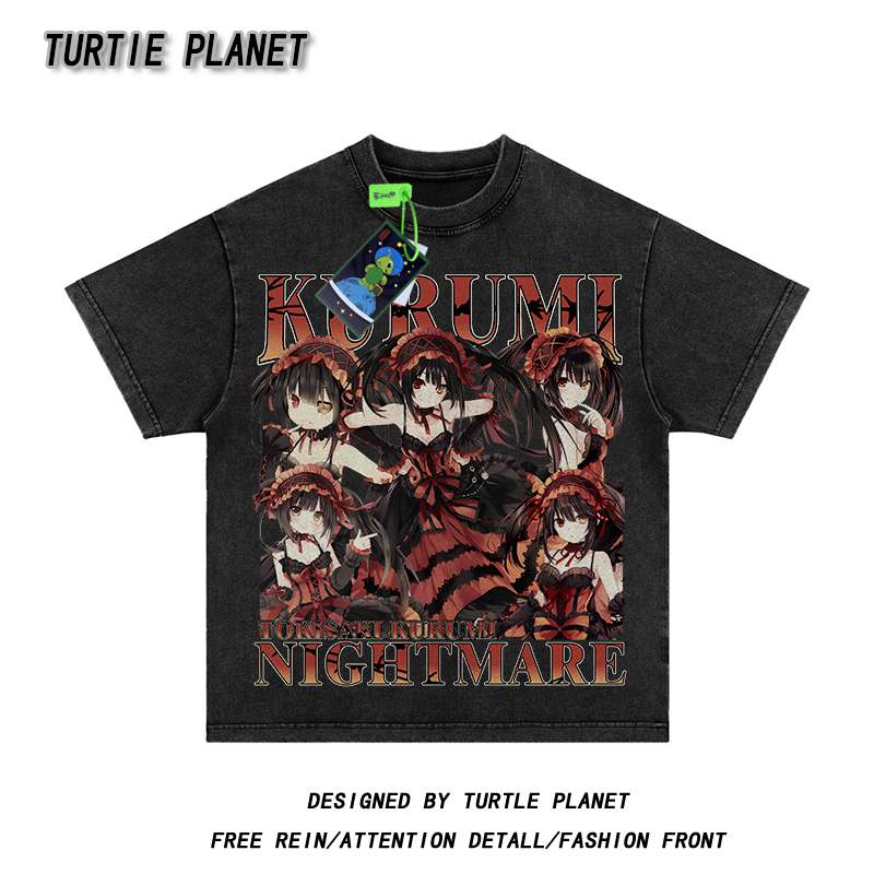 龟星球时崎狂三印花T恤动漫二次元夏季宽松美式复古水洗做旧短袖