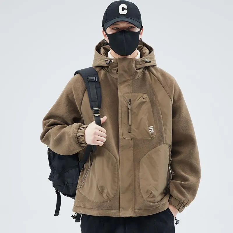 夹克外套男秋冬季2025新款摇粒绒棉衣抓绒衣加宽松连帽摇粒绒外套