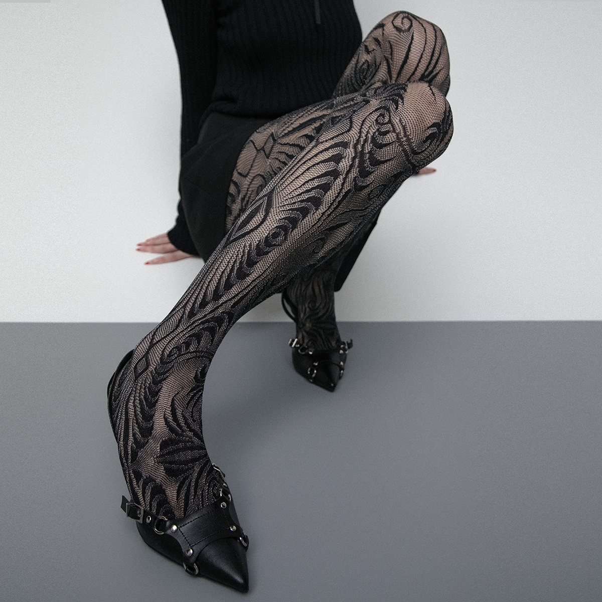 WCH新款镂空玫瑰图腾蕾丝暗黑亚文化Y2k辣妹连裤袜丝袜女ins潮