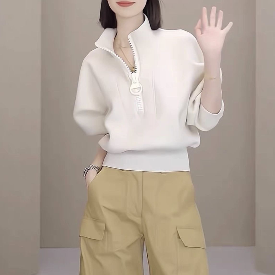 美式复古半拉链立领短款卫衣女秋冬季今年流行爆款小个子高领外套