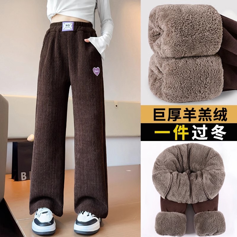 女童加绒加厚裤子秋冬款2025新款大童羊羔绒休闲裤儿童冬季阔腿裤