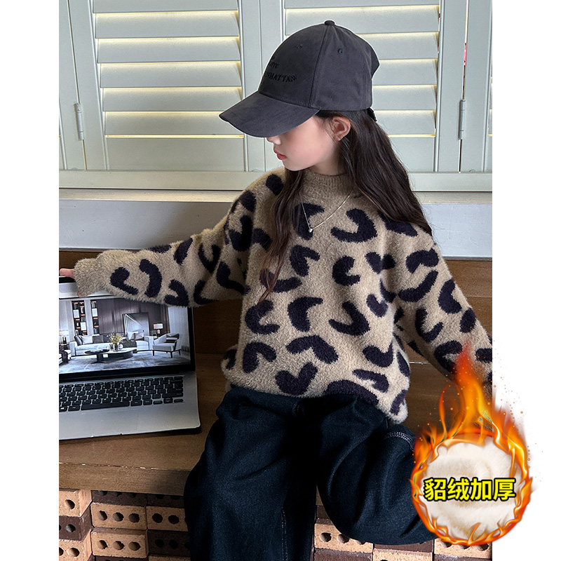 女童毛衣水貂绒加绒加厚2024新款儿童冬装洋气女大童针织衫秋冬季