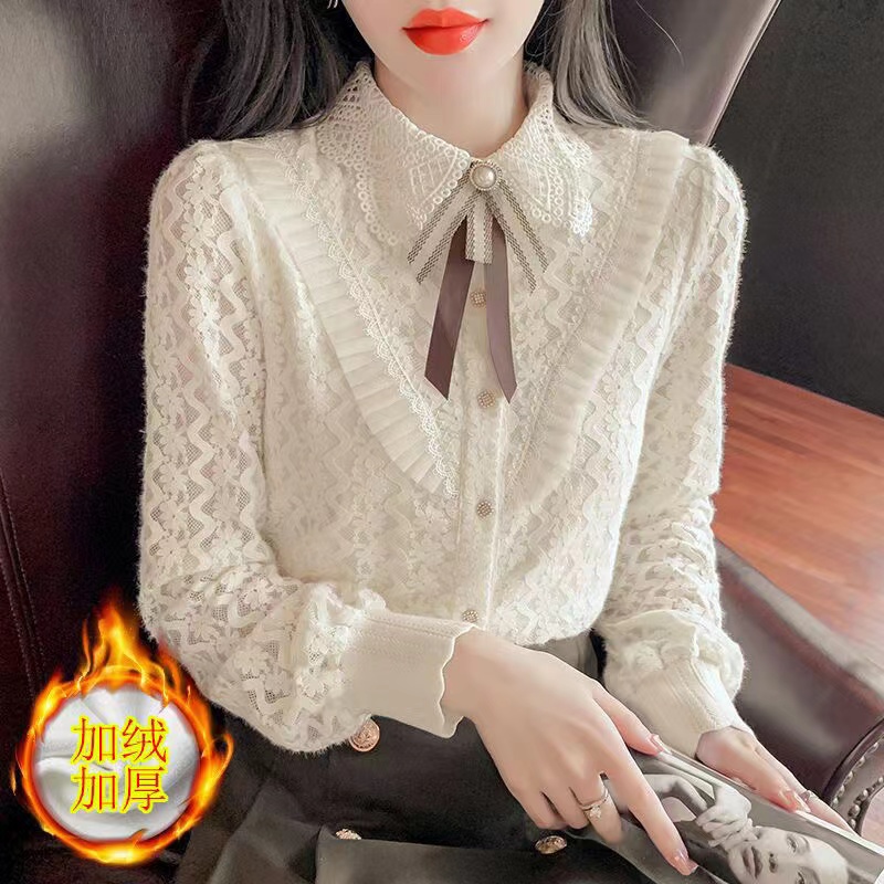 加绒蕾丝打底衫女秋冬新款洋气娃娃领长袖衬衫宽松时尚气质女上衣