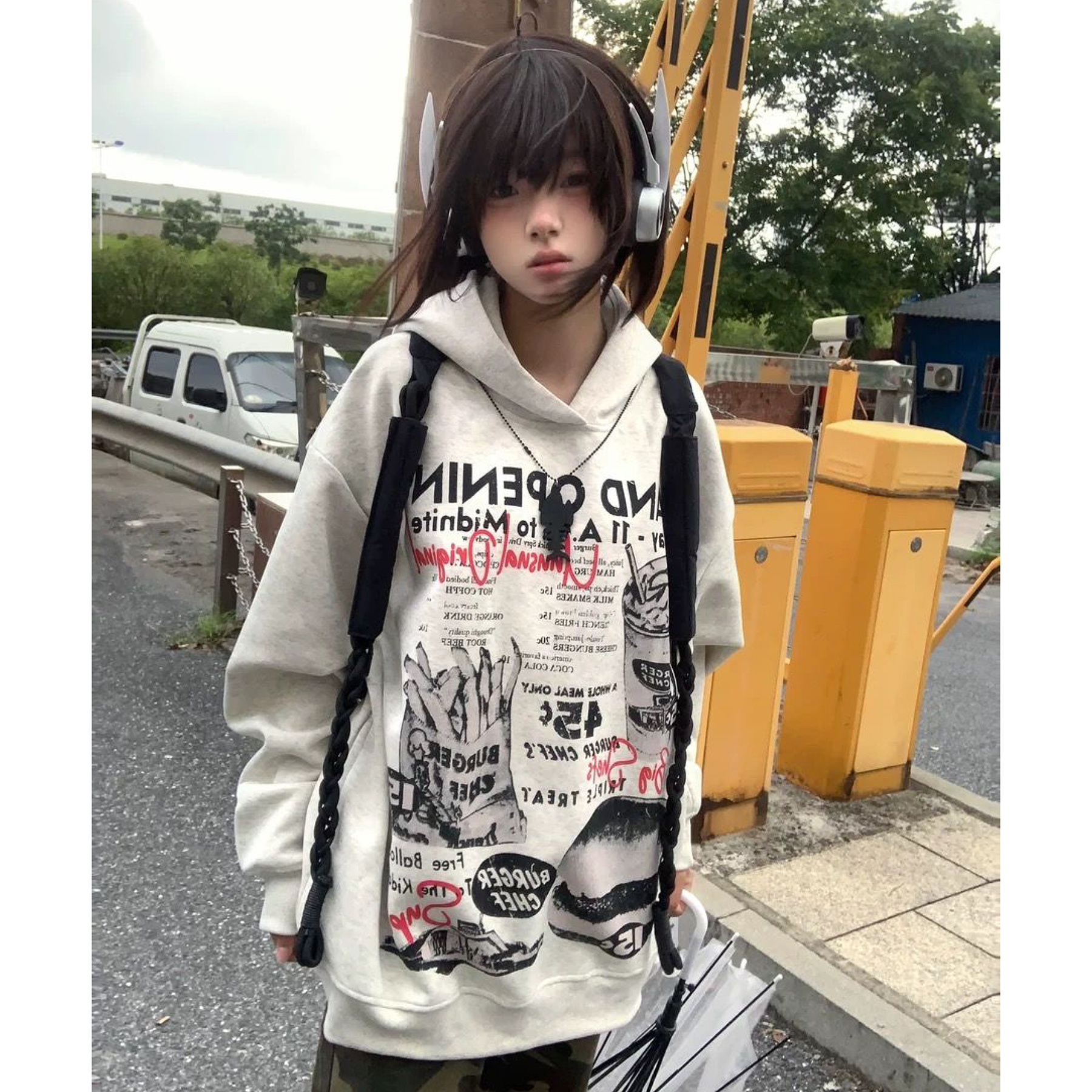 韩版美式复古汉堡薯条印花连帽卫衣秋冬宽松oversize加绒帽衫