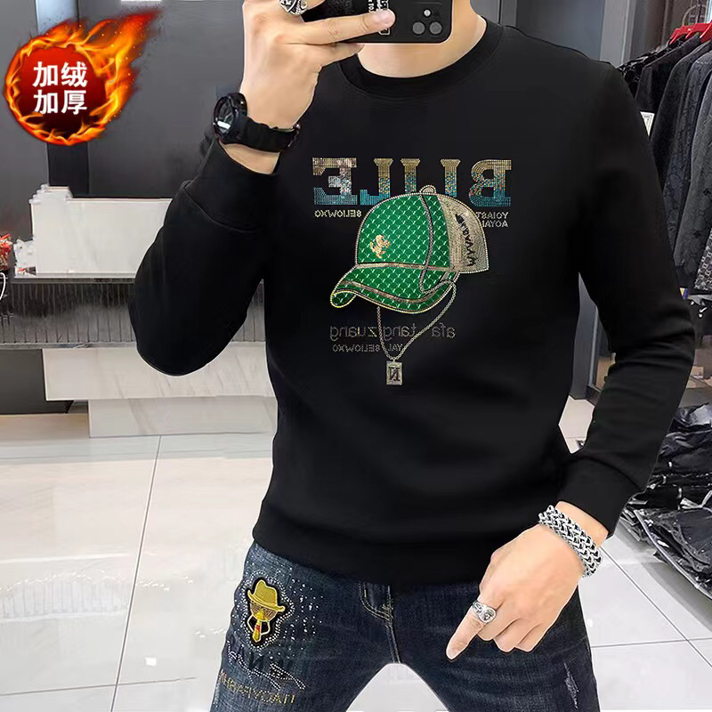 男士卫衣2025新款春秋冬季加绒长袖T恤圆领欧美潮牌流烫钻欧洲站