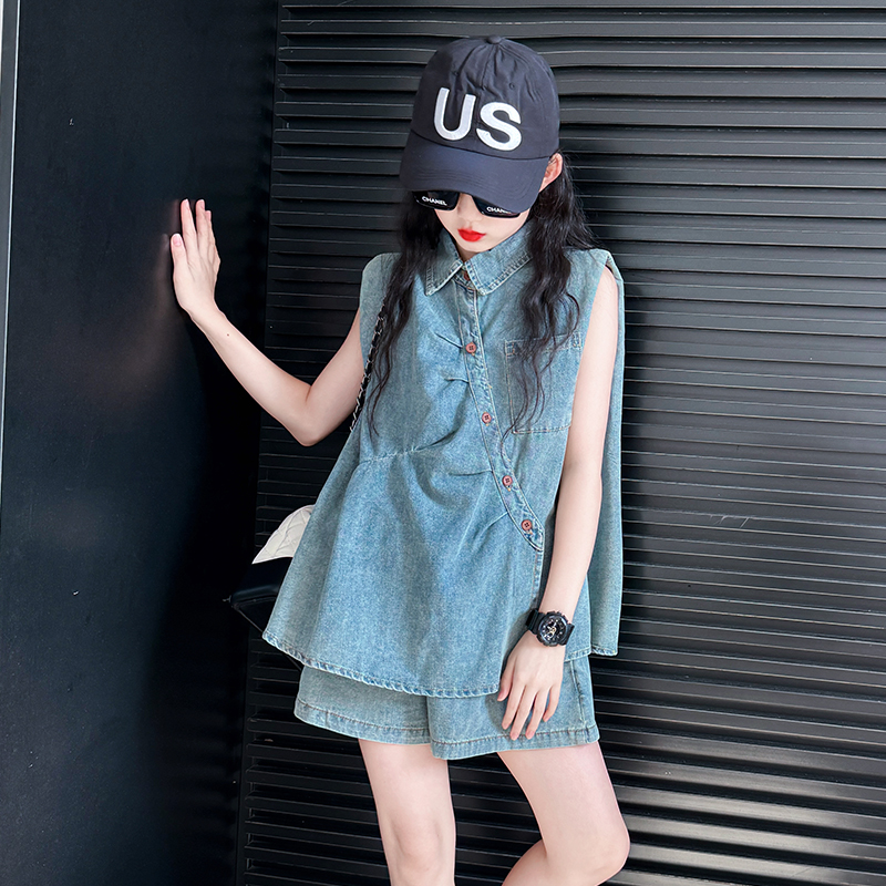 女童牛仔套装2025新款夏季中大童夏装搭配一整套儿童潮酷穿搭短裤