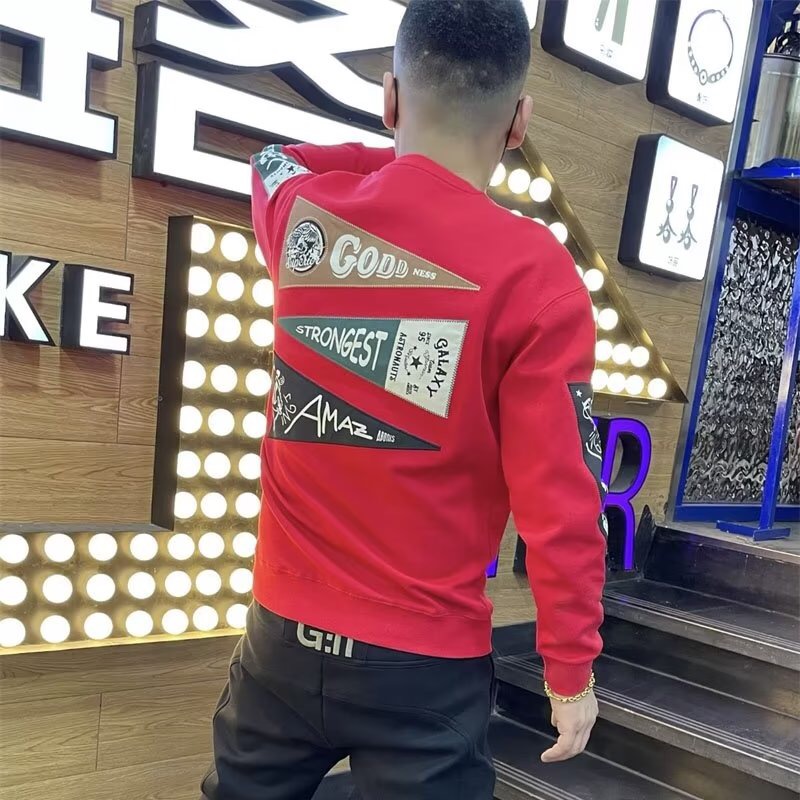 网红潮牌卫衣男2025秋冬季青年帅气圆领长袖潮流痞帅加绒印花上衣