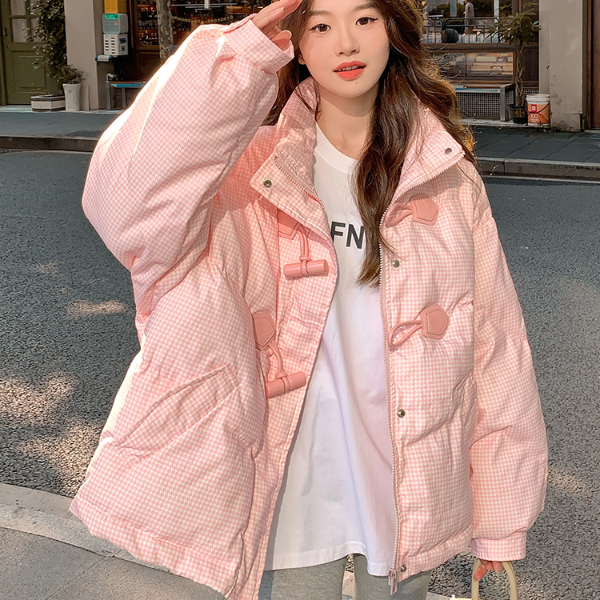 ZB110-8086秋冬新款2024短款嘎服宽松小个子粉色外套千鸟格面包服