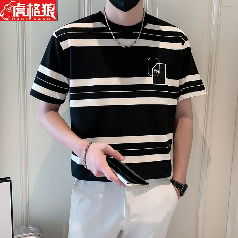 夏季圆领T恤男潮牌条纹半袖2023新款夏装衣服半截袖潮流体恤短袖t