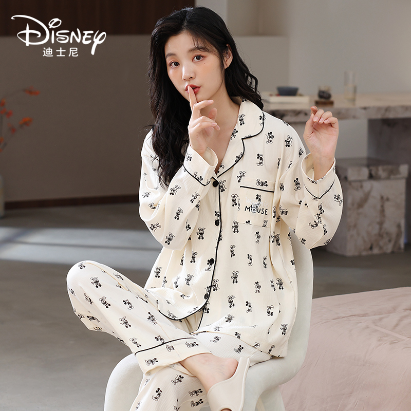 Disney/迪士尼开衫情侣睡衣米奇云朵棉绸舒适家居服套装0086女款