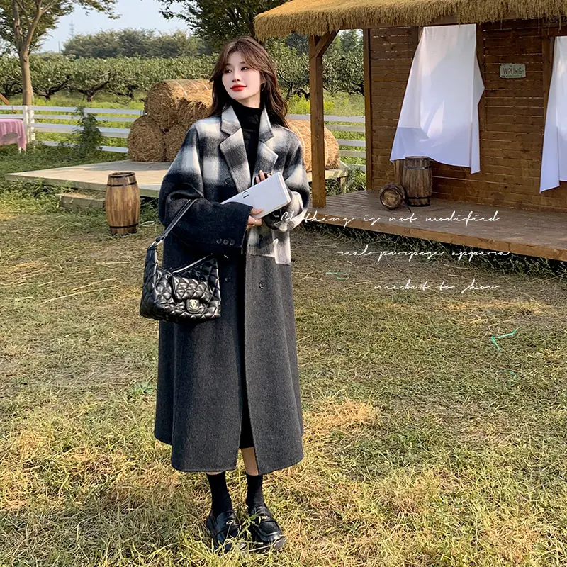 秋冬季呢子新款女气质韩系外套设计感拼接毛呢大衣长款高级感格子