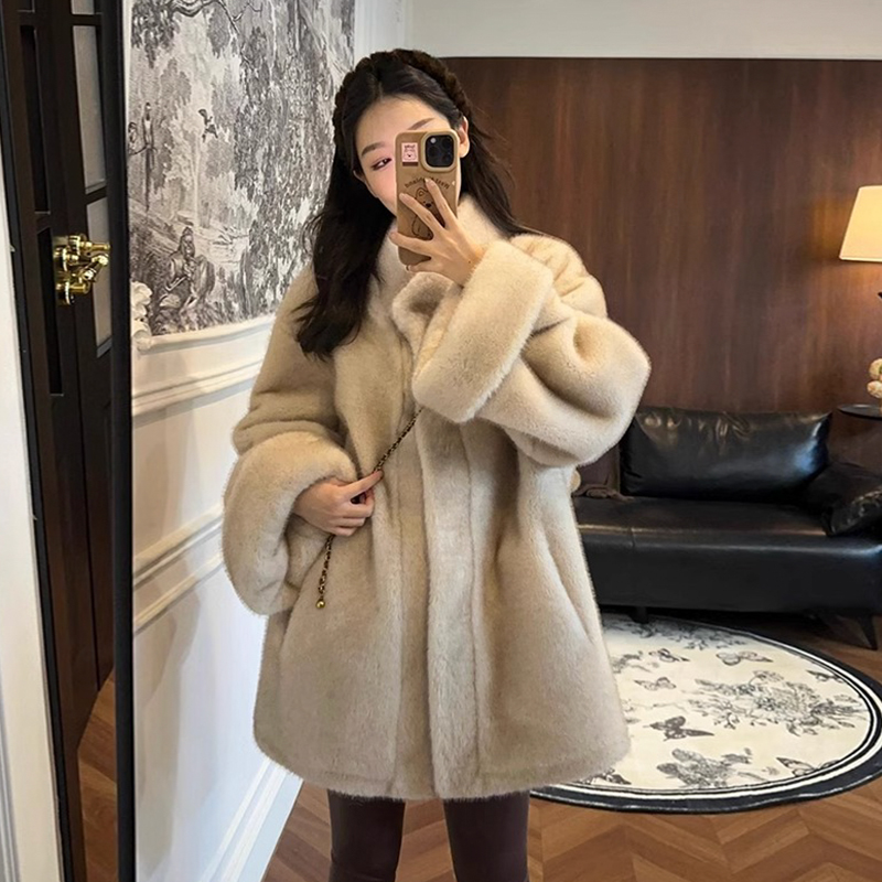 仿水貂毛中长款立领皮毛一体韩版挽袖中古双色草草冬季毛毛外套女