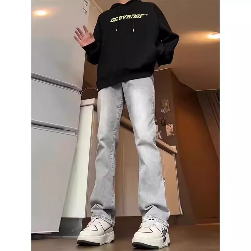 烟灰色牛仔裤男生修身微喇美式ootd裤子高街vibe潮牌秋季直筒长裤