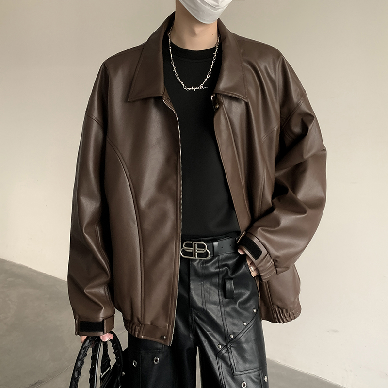 咖色pu皮衣外套男春秋季美拉德色系机车夹克底特律vintage棒球服
